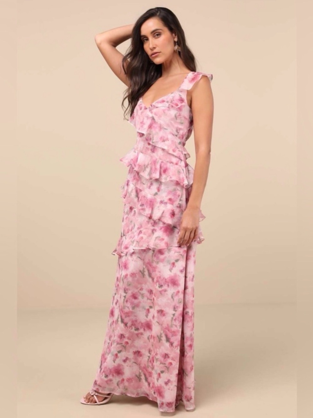 Lulus Evangeline Pink Floral Ruffle Maxi Dress | Open Back | S - Picture 2 of 9
